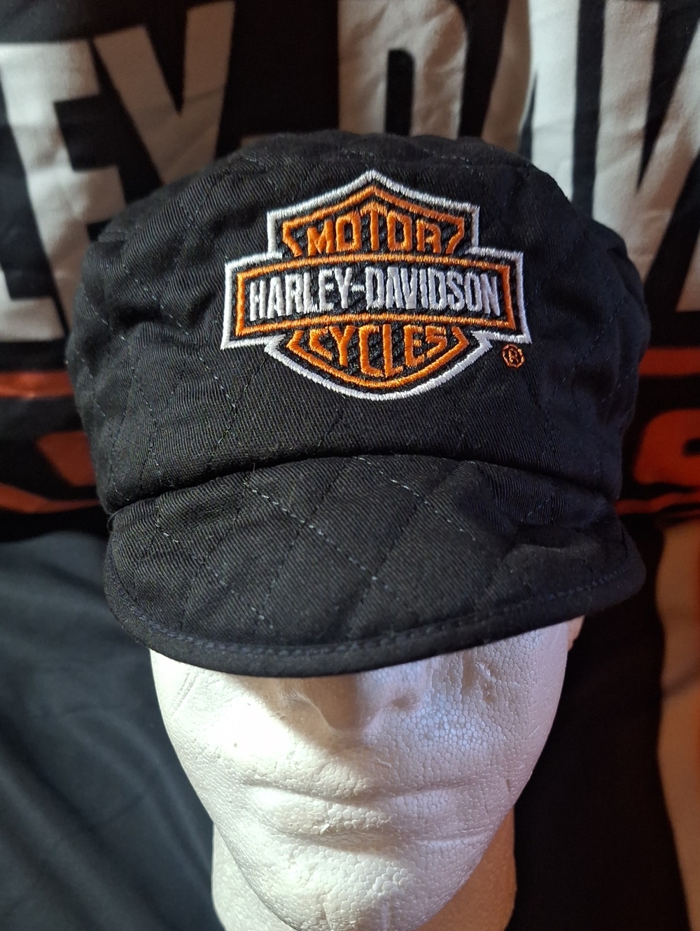 Harley-Davidson Black Quilted Cap with Orange & White Shield Logo